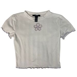 Forever 21 Womens White Purple Flower Lettuce Edge Crop Baby Tee Shirt Size M